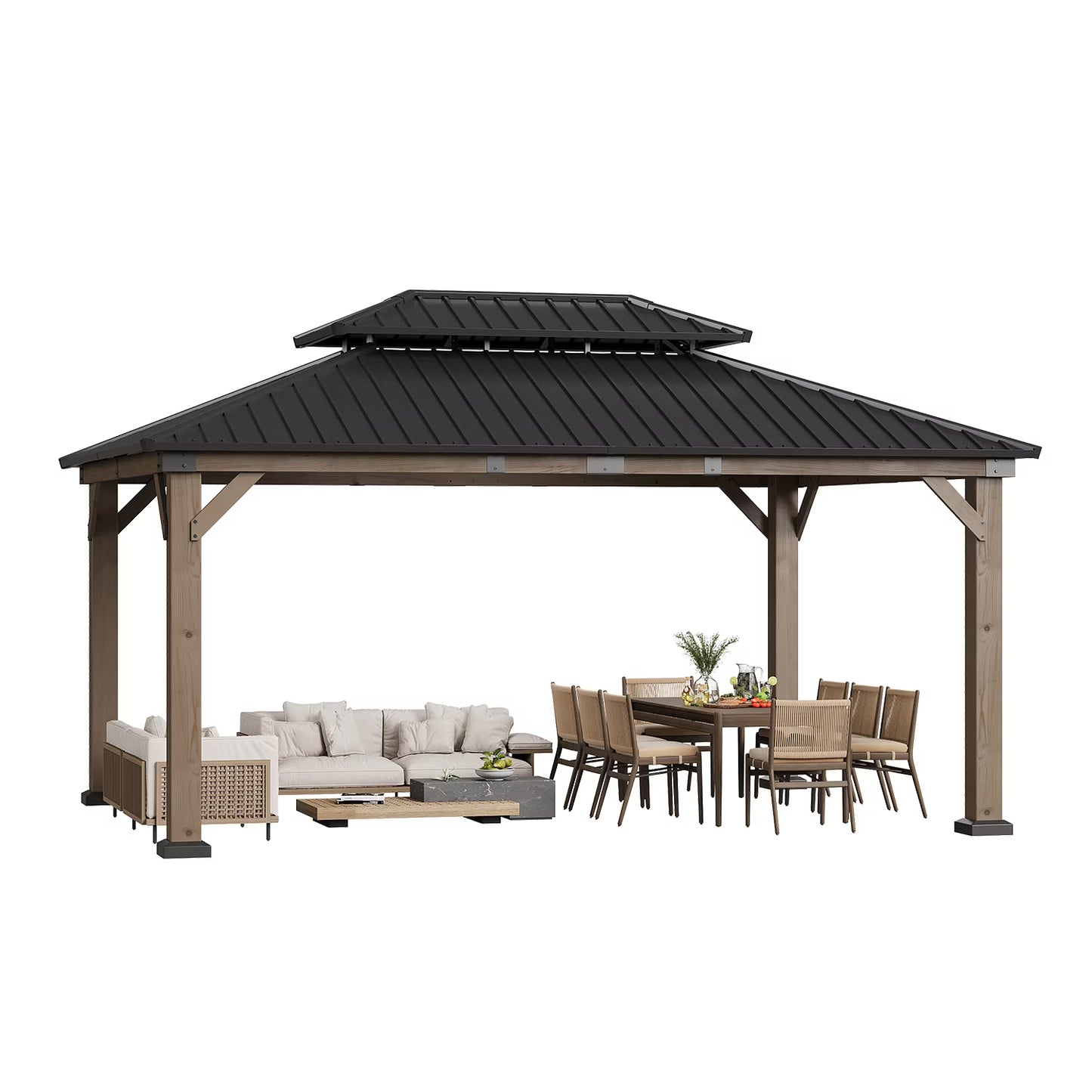 Clouddwell 12*16FT Upgraded Cedar Gazebo,Cedar Hard Roof Gazebo,with Double-Layer Galvanized Steel Roof,Suitable for Backyard,Desk,and Lawn.