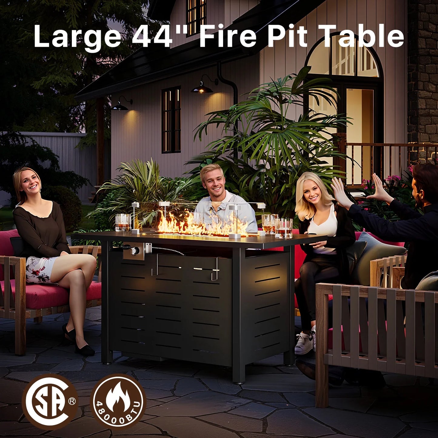 Sunmthink 44" Propane Fire Pit Table, 60,000 BTU Auto Ignition Steel Gas Fire Pit with Removable Lid & Waterproof Cover for Patio, Backyard, Black