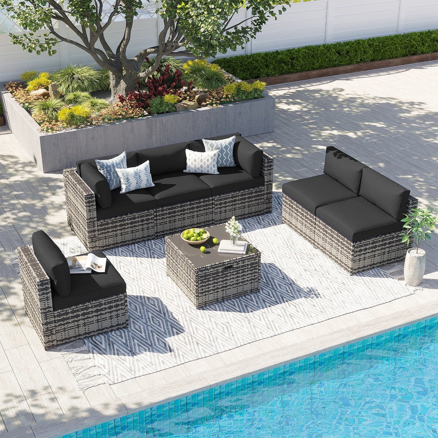 Clouddwell 7 Piece Patio Furniture Set Wicker Rattan Patio Conversation Set Outdoor Sectional Sofa Set with Coffee Table and Black Cushions(Waterproof Cover Included)