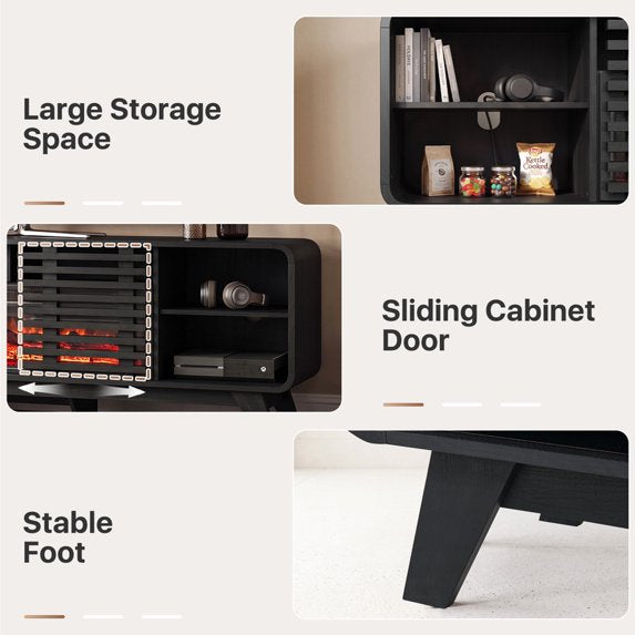 Sonegra Fireplace TV Stand with 40" Electric Fireplace, Mid Century Modern Entertainment Center with Led Lights for 90" TVs , Wood Media Console with Slatted Sliding Doors for Living Room, Black