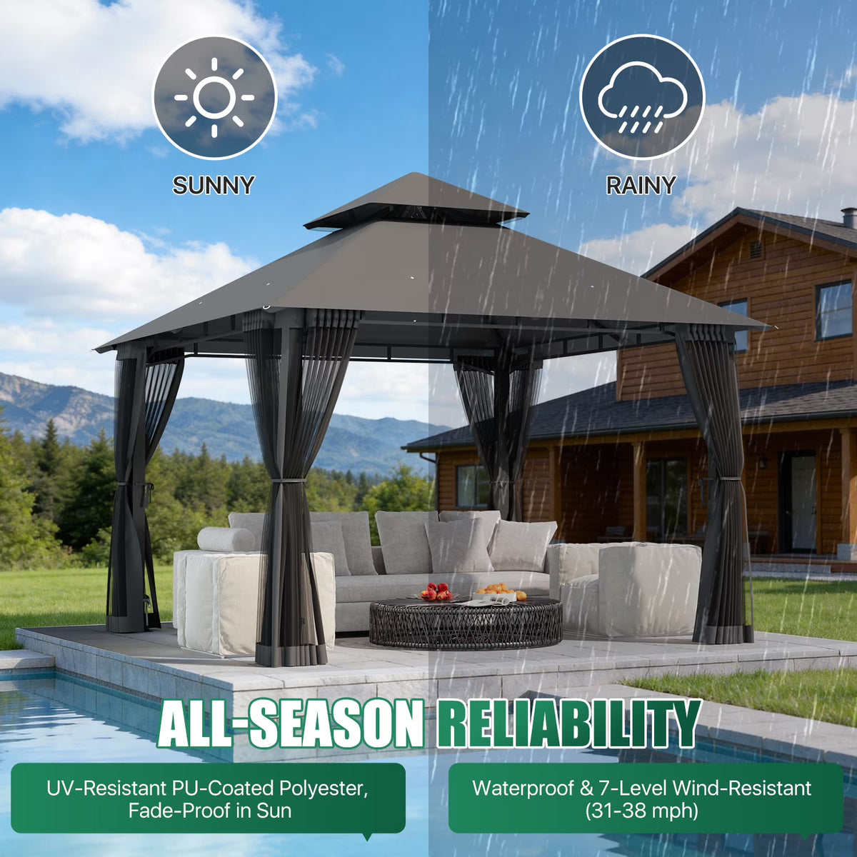 LazySunsets 10'x 10' Patio Gazebo Double Roof Protection All-Weather Outdoor Shelter Features Insect Screens for Backyard, Lawn, (Gray)