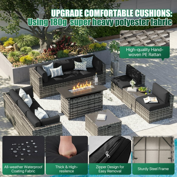 Clouddwell 11 Piece Patio Furniture Set with 44” Fire Pit Table Wicker Rattan Patio Conversation Set Outdoor Sectional Sofa Set with Coffee Table and Black Cushions(Waterproof Cover Included)