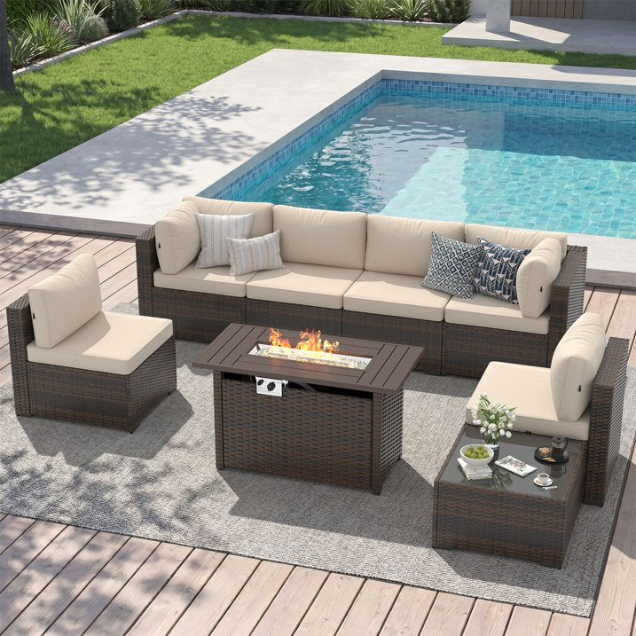 Sunmthink 8-Piece Outdoor Patio Furniture Sets, Patio Conversation Sets with Fire Pit, Wicker Outdoor Conversation Set with Waterproof Cover