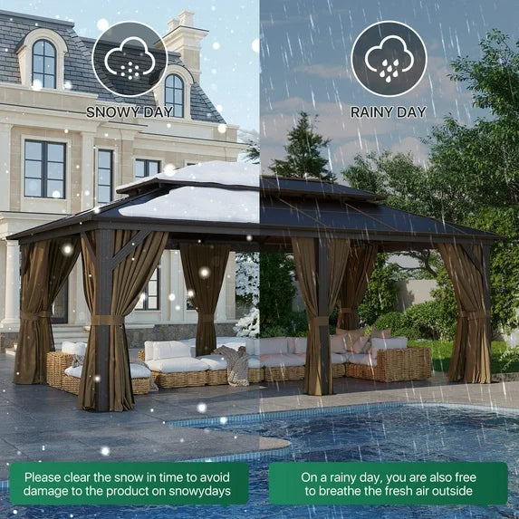 Clouddwell 12'x20' Hardtop Gazebo - Polycarbonate Double Roof with Netting & Curtains for Patio, Garden Sun Protection,Browm