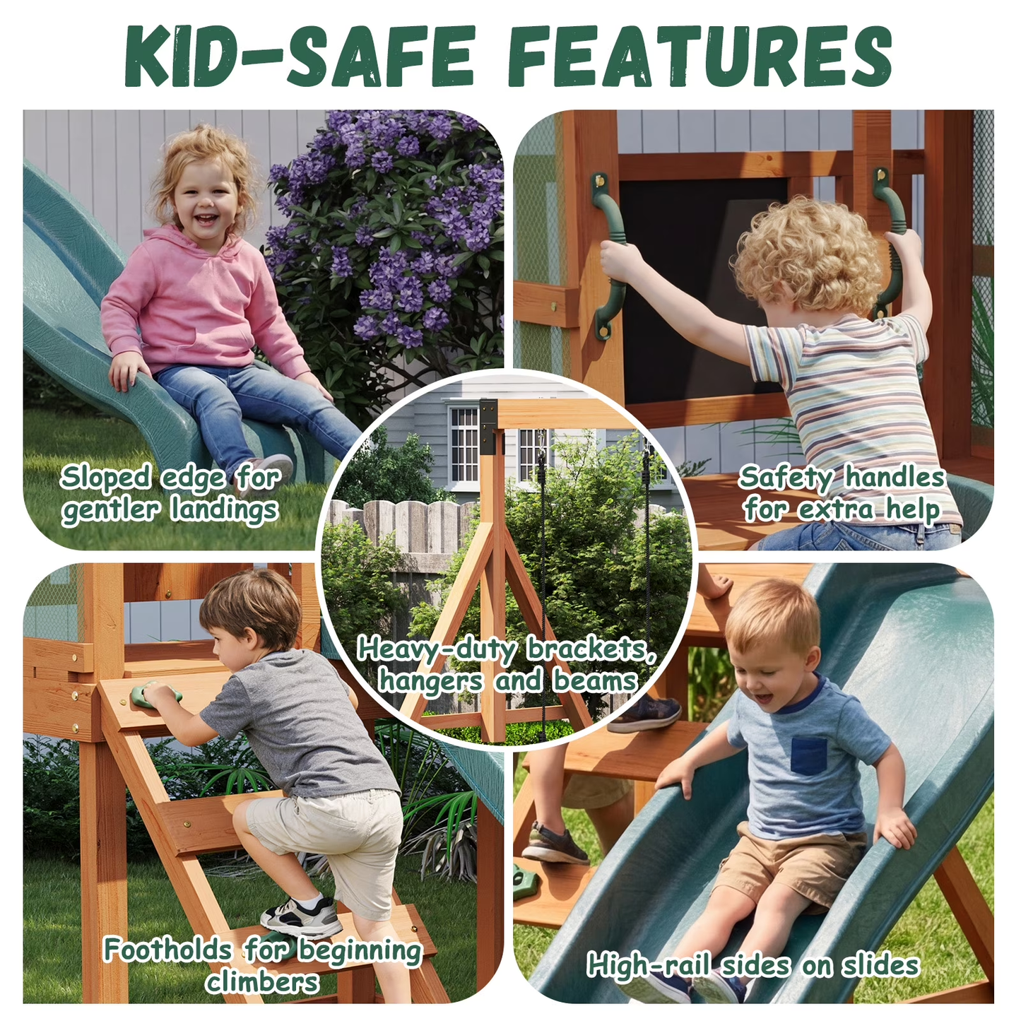Clouddwell Wooden Swing Set for Backyard Playground Swingset with Slide Kid Outdoor Play Set with Play Deck, Rock Wall Ladder, Belt Swings, Chalkboard