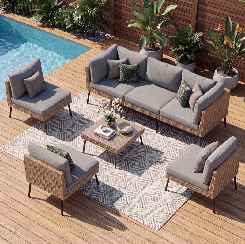Dateyes 7‑Piece Modular Rattan Patio Sectional Sofa Set, Outdoor Conversation Furniture with Light Gray Weather‑Resistant Cushions for Backyard Garden
