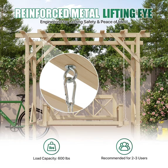 Clouddwell Natural Cedar Wood 3-Seat Pergola Swing Bench with Canopy & Stand Patio Hammock Swing Set with Metal Chains for Backyard, Garden, Porch