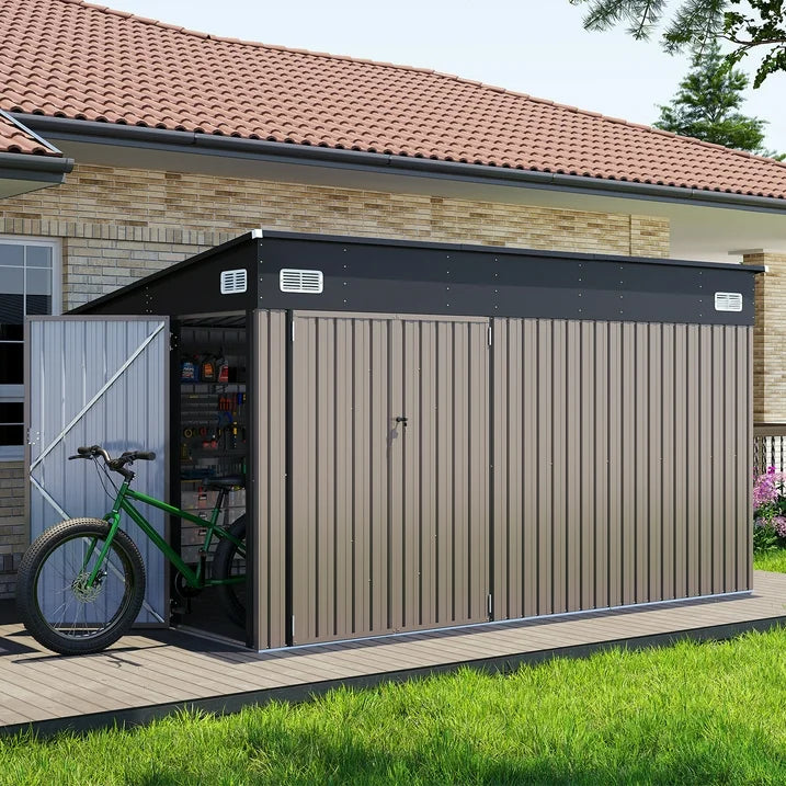 Clouddwell 12ft x 8ft Heavy-Duty Metal Storage Shed with 3 Doors, Lockable Lean-To Design, Weatherproof for Garden & Tools (Brown)