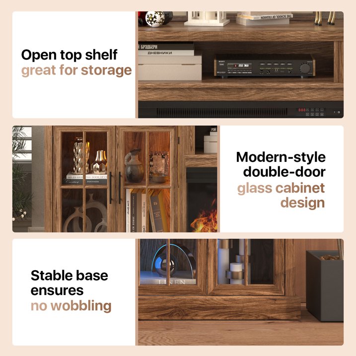 Sonegra 98" Farmhouse TV Stand with Fireplace for TVs up to 100", Media Entertainment Center with Adjustable Shelves and Large Storage Cabinets, for Living Room, Brown
