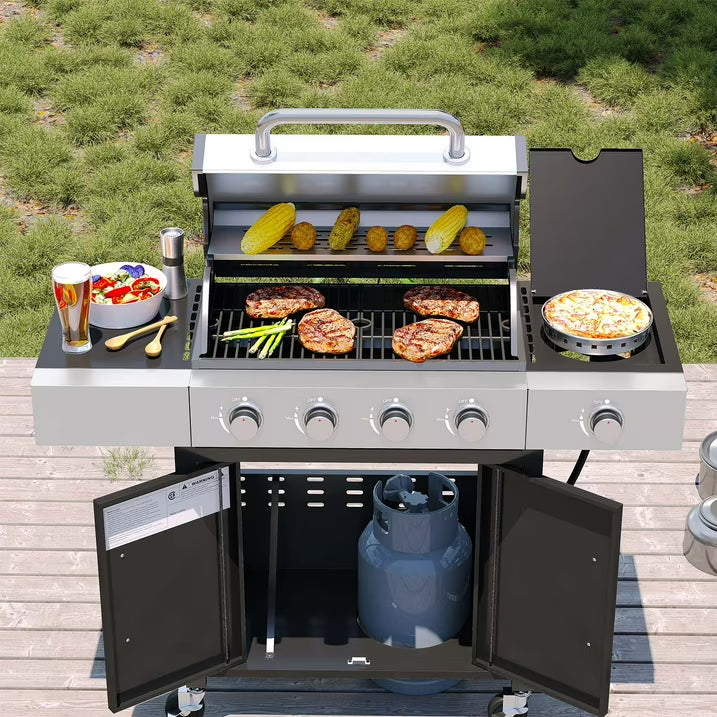 Clouddwell 4 Burner Gas Propane Grill, with 4 Casters, Side Table, and Thermometer, Patio Garden BBQ Grill Perfect for Camping, Black and Silver