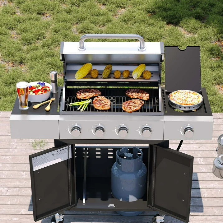 Clouddwell 4 Burner Gas Grill, with 4 Casters, Side Table, and Thermometer, Patio Garden BBQ Grill Perfect for Camping, Black and Silver