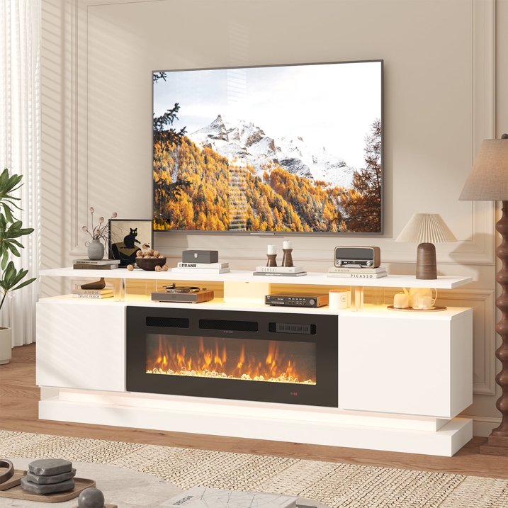 Sonegra Fireplace TV Stand with Electric Fireplace up to 80", Entertainment Center with Fireplace, LED 70" Modern TV Console with Storage for Livingroom, White