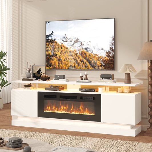 Sonegra Fireplace TV Stand with Electric Fireplace up to 80", Entertainment Center with Fireplace, LED 70" Modern TV Console with Storage for Livingroom, White