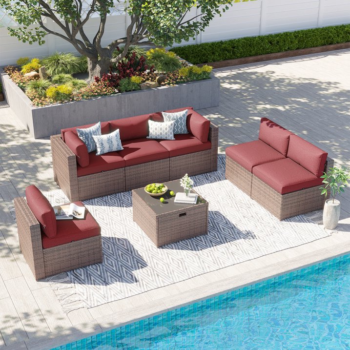 Clouddwell 7 Piece Patio Furniture Set Wicker Rattan Patio Conversation Set Outdoor Sectional Sofa Set with Coffee Table and Black Cushions(Waterproof Cover Included)