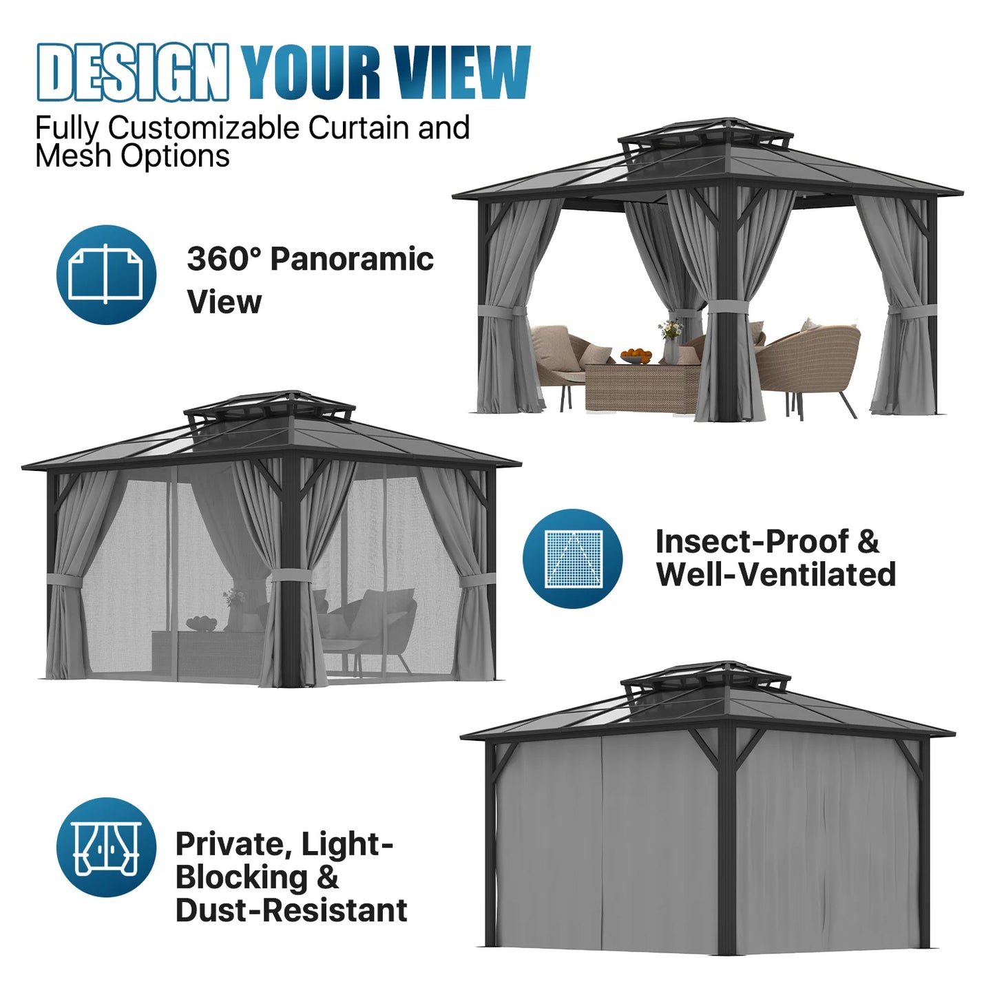 Sunmthink 10' x 12' Hardtop Gazebo,Polycarbonate Double Roof,Aluminum Frame with Curtains and Netting for Patio,Garden,Gray
