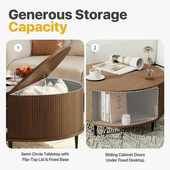 Sonegra Mid-Century Modern Round Coffee Table - Walnut Wood with Sliding Door Storage for Living Room