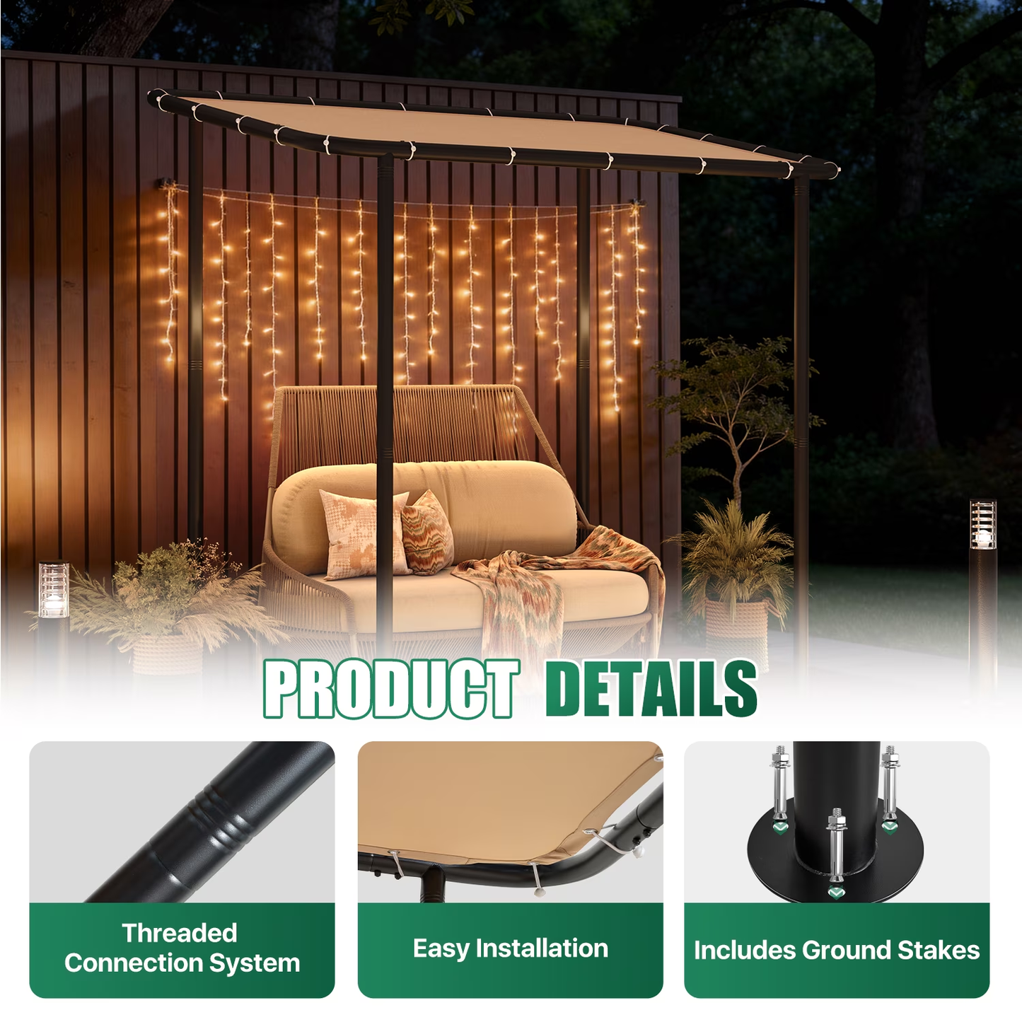 Clouddwell 8×5 FT Wall-Mounted Sloped Roof Outdoor Pergola Canopy, Water-Resistant & UV-Resistant Metal Patio Gazebo for Backyard Garden Porch in Khaki