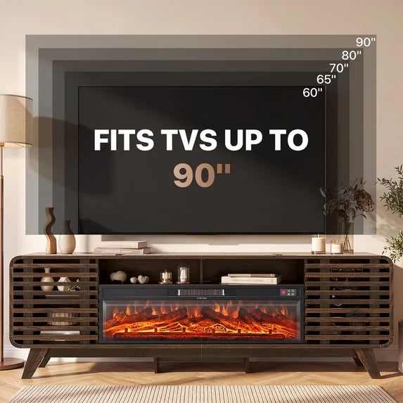 Sonegra Fireplace TV Stand with 40" Electric Fireplace, Mid Century Modern Entertainment Center with Led Lights for 90" TVs , Wood Media Console with Slatted Sliding Doors for Living Room, Brown