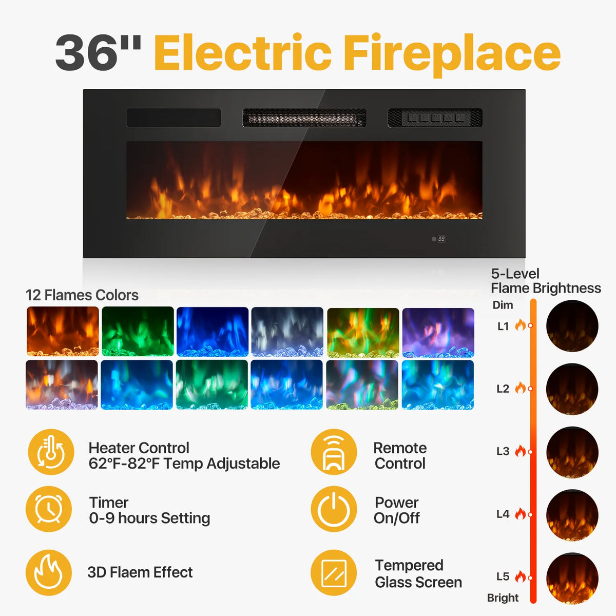 Sonegra 80" Floating TV Stand with 36" Electric Fireplace, High Gloss Finish Wall Mounted Fireplace Entertainment Center with Storage for TVs Up to 80", Black