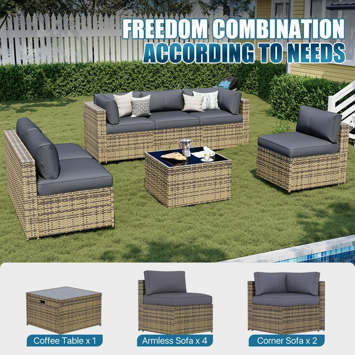 Sunmthink Patio Furniture Sets, 7-Piece Outdoor Patio Furniture with Thick Cushions, Wicker Outdoor Conversation Set and Waterproof Cover for Backyard, Poolside, Garden