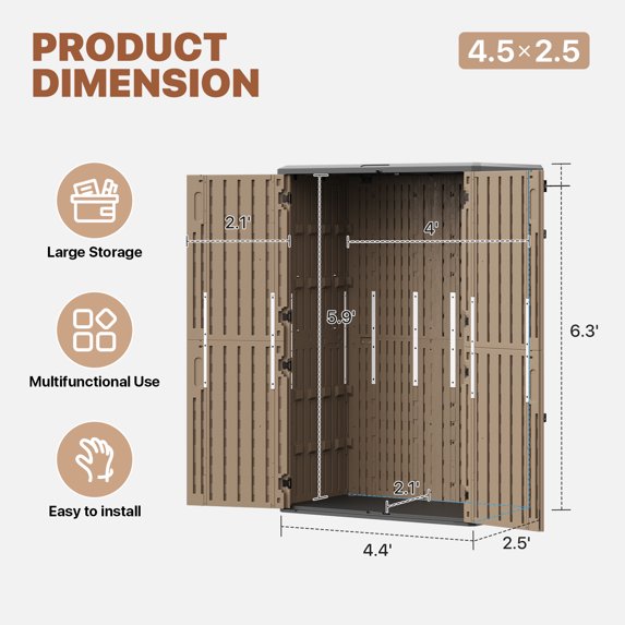 Cloudwell Outdoor Storage Shed, 64 Cu.Ft Vertical Waterproof Resin Storage Cabinet for Garage Storage, Pool Storage, Bike Shed, Garden Tools, Patio Furniture, Brown