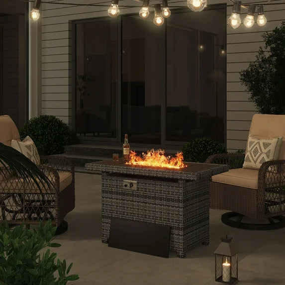 Aoxun 40'' Fire Pit Table 50,000 BTU Propane Gas Fire Pit Table W/ Cover, Glass Beads, Tank Holder, Gray Wicker