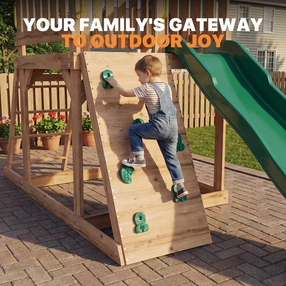 Clouddwell Wood Swing Set with Wave Slide, Play Deck, Rock Wall Ladder, Belt Swings, Chalkboard, Canopy Roof, Outdoor Playset