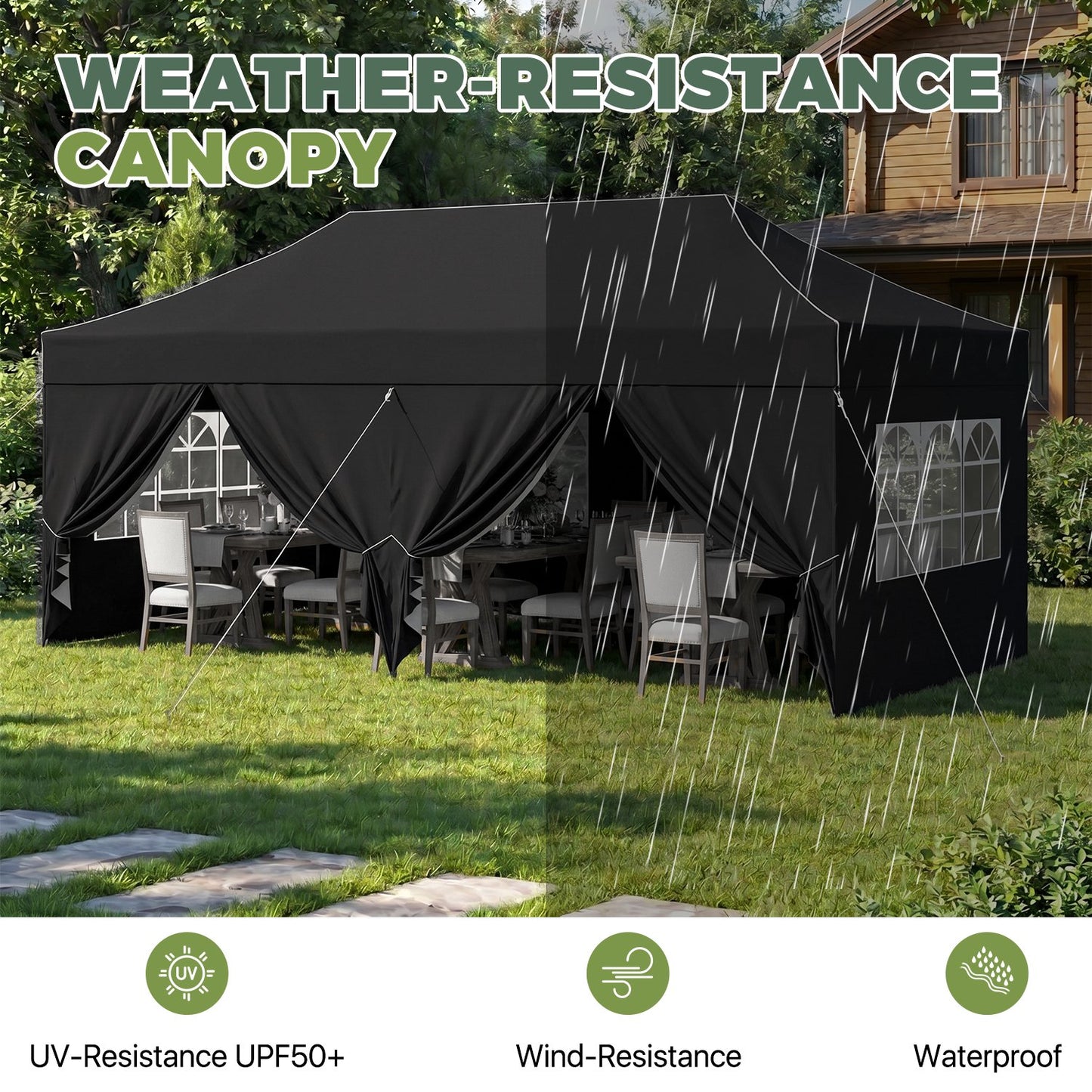 Clouddwell 10'x20' Pop Up Canopy Tent with 6 Removable Sidewalls, Adjustable Height Instant Outdoor Canopy, Portable Sun Shade Shelter with 4 Sandbags, Easy Setup for Parties, Camping, Events, Black
