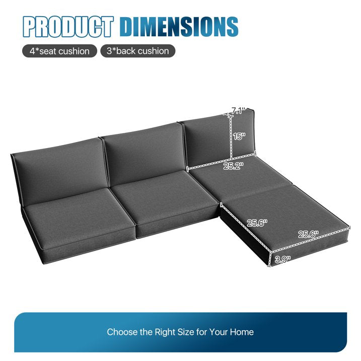 Clouddwell 7-Piece Outdoor Cushion Set for 4-Seat Wicker Sectional - Waterproof, High-Resilience Foam (Dark Gray)
