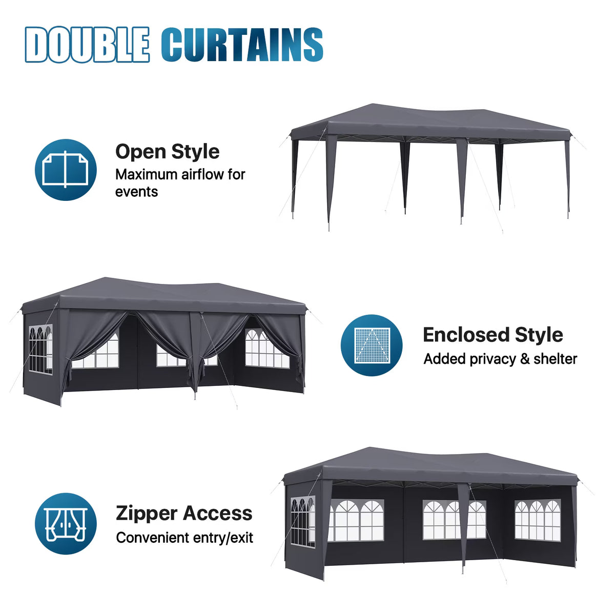 Dateyes 10x20 Pop Up Canopy Tent, Waterproof Party Tent with 6 Removable Sidewalls, 3-Level Height Adjustable Event Tent, Instant Shelter for Wedding, Party, Commercial & Market Events,Gray