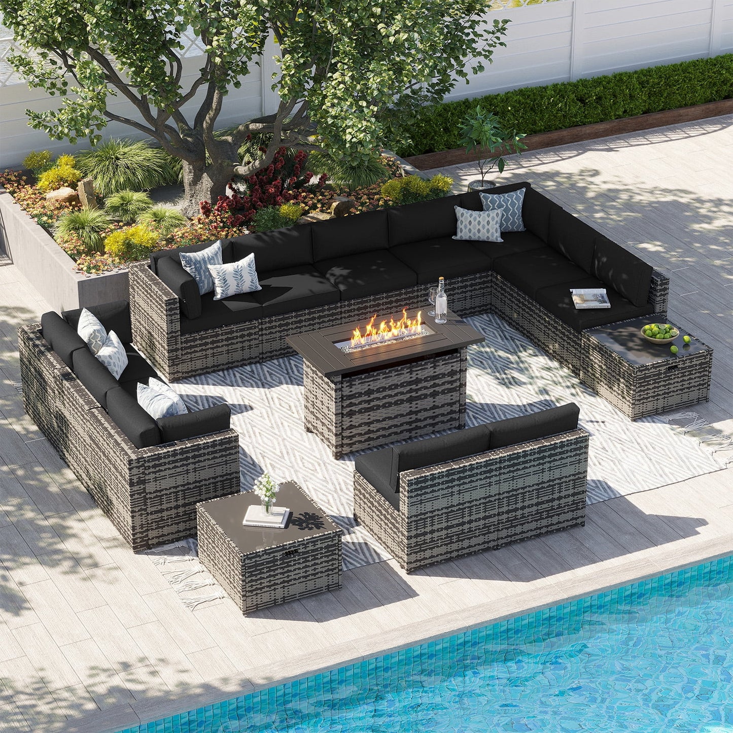 Clouddwell 15 Piece Patio Furniture Set with 44” Fire Pit Table Wicker Rattan Patio Conversation Set Outdoor Sectional Sofa Set with Coffee Table and Black Cushions(Waterproof Cover Included)
