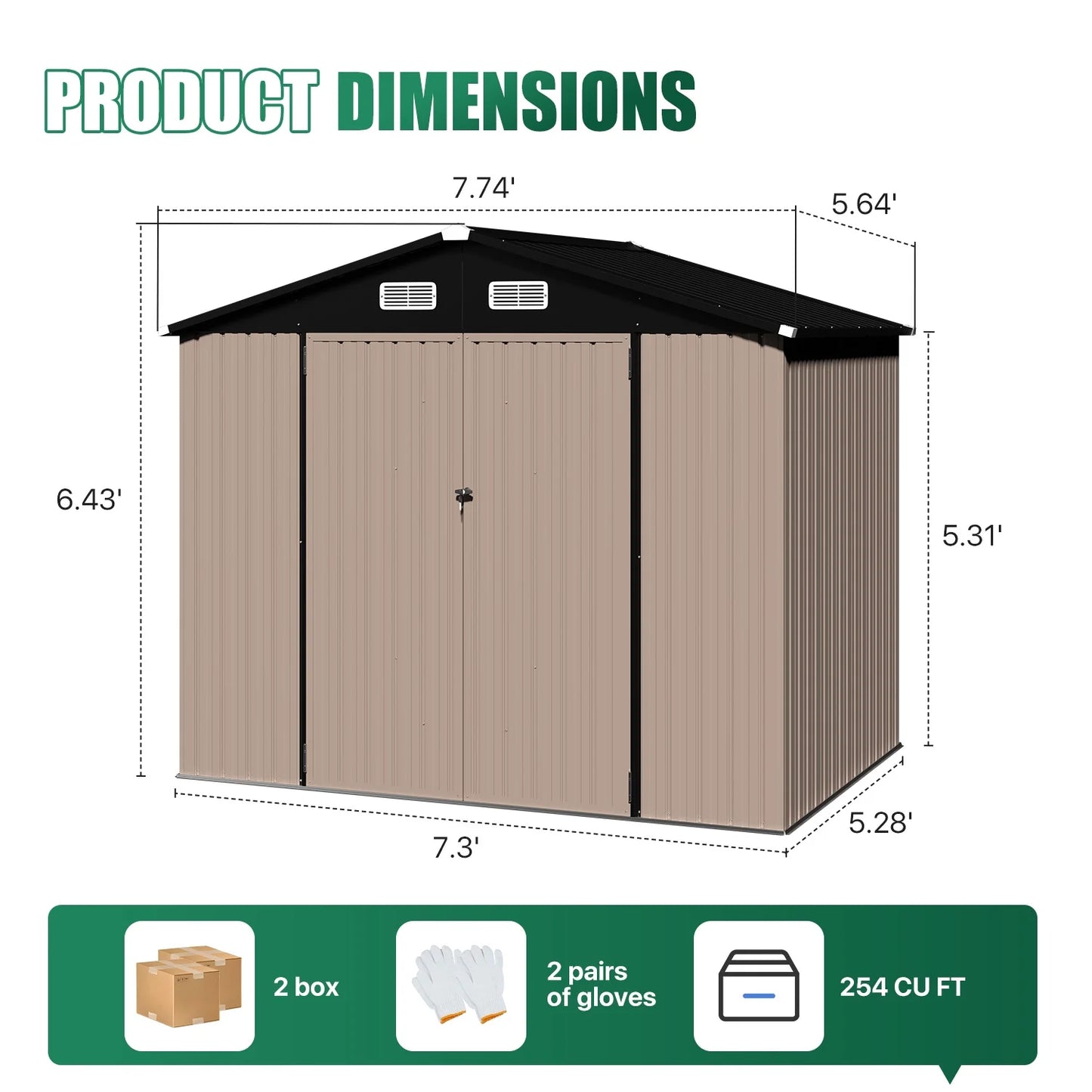 Clouddwell 7.4x5.3ft Galvanized Steel Storage Shed with Floor & Double Doors - Brown