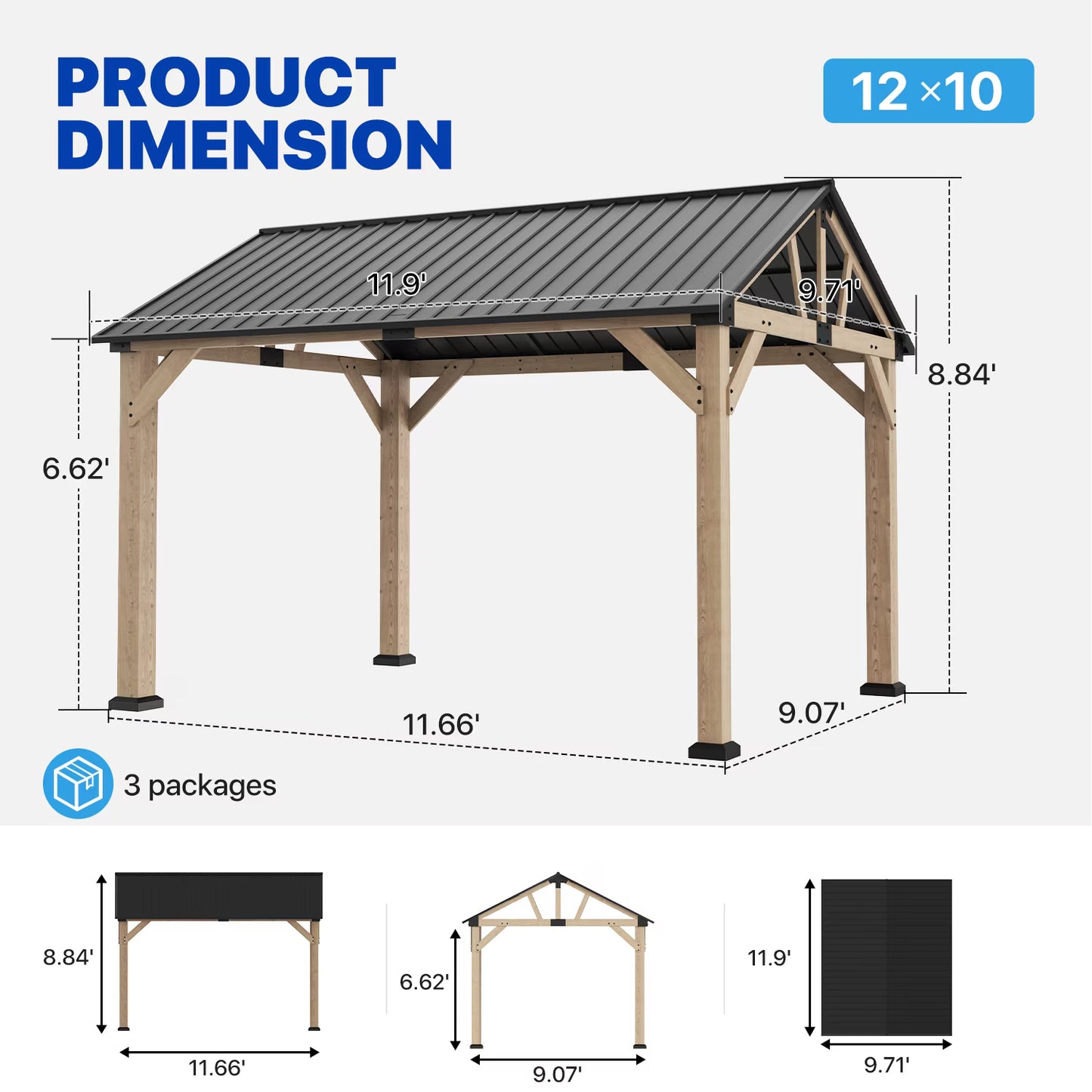 Clouddwell 10' x 12' Wood Gazebo with Hardtop Metal Roof, Outdoor Patio Gazebo for Backyard, Deck, Lawn & Poolside