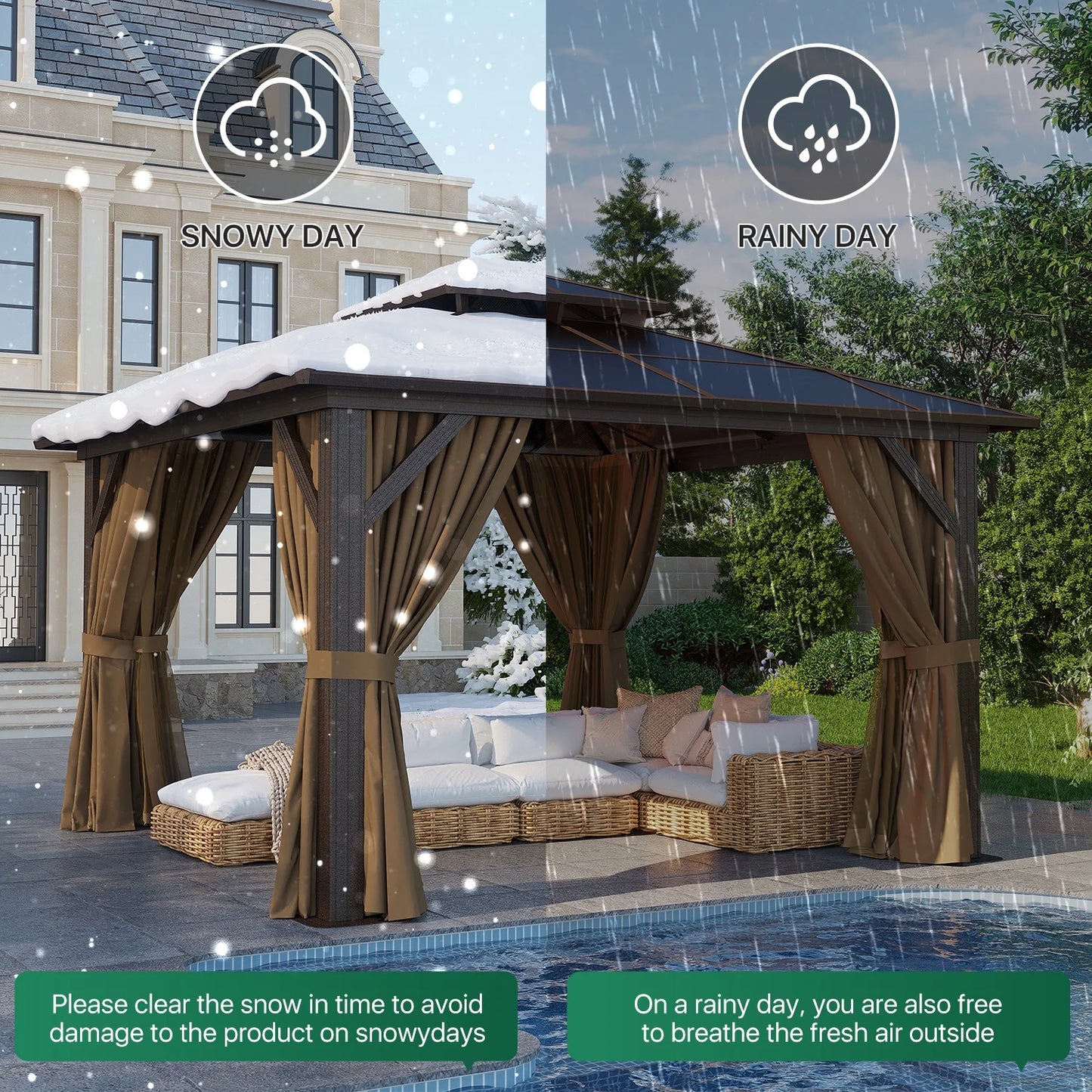 Clouddwell 12'x12' Hardtop Gazebo - Polycarbonate Double Roof with Netting & Curtains for Patio, Garden Sun Protection,Browm