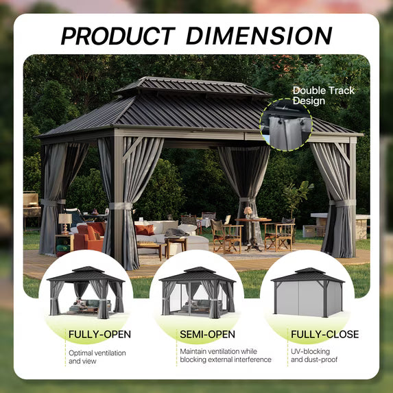 Dateyes 12x16 FT Outdoor Hardtop Gazebo, Aluminum Frame Gazebo with Removable Mesh Walls and Curtains for Patio, Lawns, Gray