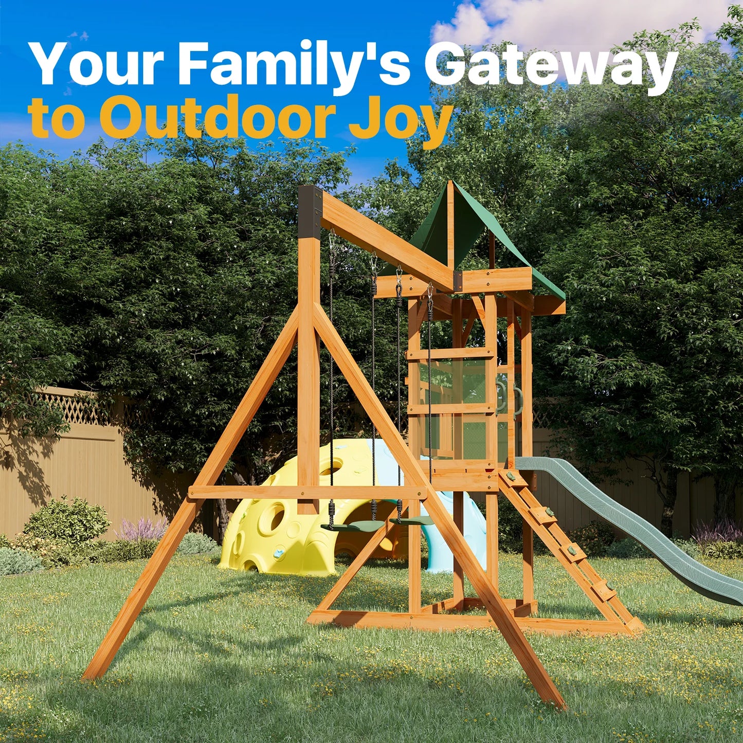 Clouddwell Wooden Swing Set for Backyard Playground Swingset with Slide Kid Outdoor Play Set with Play Deck, Rock Wall Ladder, Belt Swings, Chalkboard
