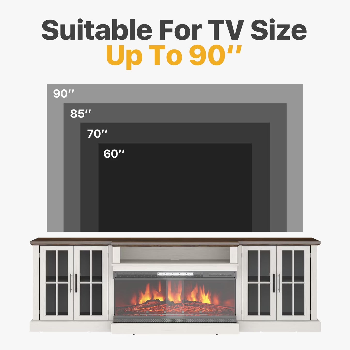 Sonegra 87" Farmhouse TV Stand with Fireplace for TVs up to 90", Media Entertainment Center with Adjustable Shelves and Large Storage Cabinets, for Living Room, White