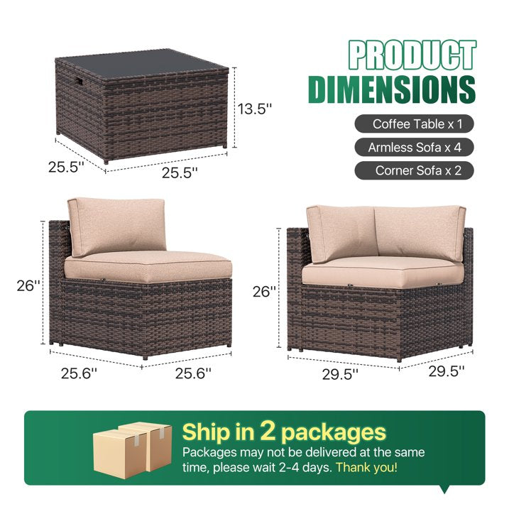 Clouddwell 7 Piece Patio Furniture Set Wicker Rattan Patio Conversation Set Outdoor Sectional Sofa Set with Coffee Table and Black Cushions(Waterproof Cover Included)