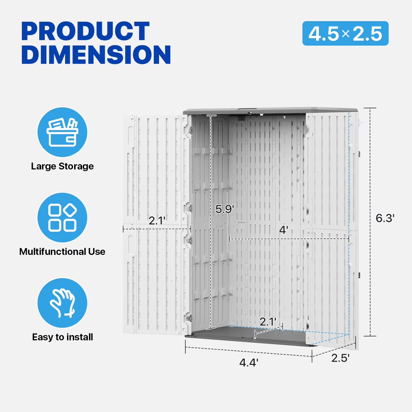 Sunmthink 5'X3' Resin Storage Shed with Floor, Outdoor Storage Shed, Waterproof Plastic Shed with Lockable Four Doors, Thick 4mm Resin Panels