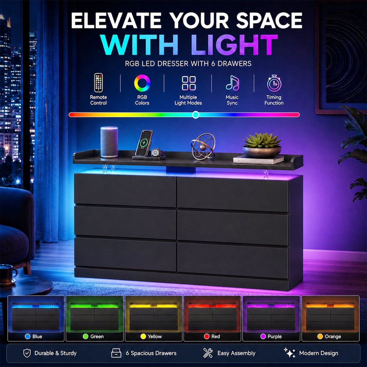 Sonegra 47 Inch 6‑Drawer Dresser, Modern High Gloss Chest of Drawers with LED Light & Glass Tabletop, Large Storage Cabinet for Bedroom Living Room, Black