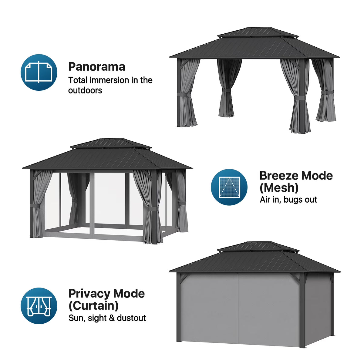 Sunmthink 12' x 14' Hardtop Gazebo with Mosquite Netting, Double Metal Roof for Lawn and Garden, Gray