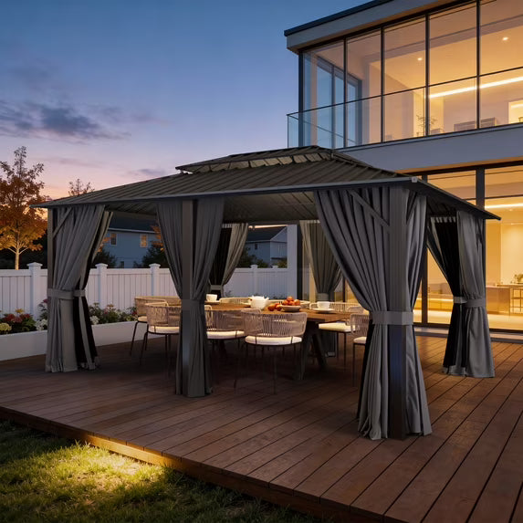 Sunmthink 12' x 16' Hardtop Gazebo with Mosquite Netting, Double Metal Roof for Lawn and Garden, Gray