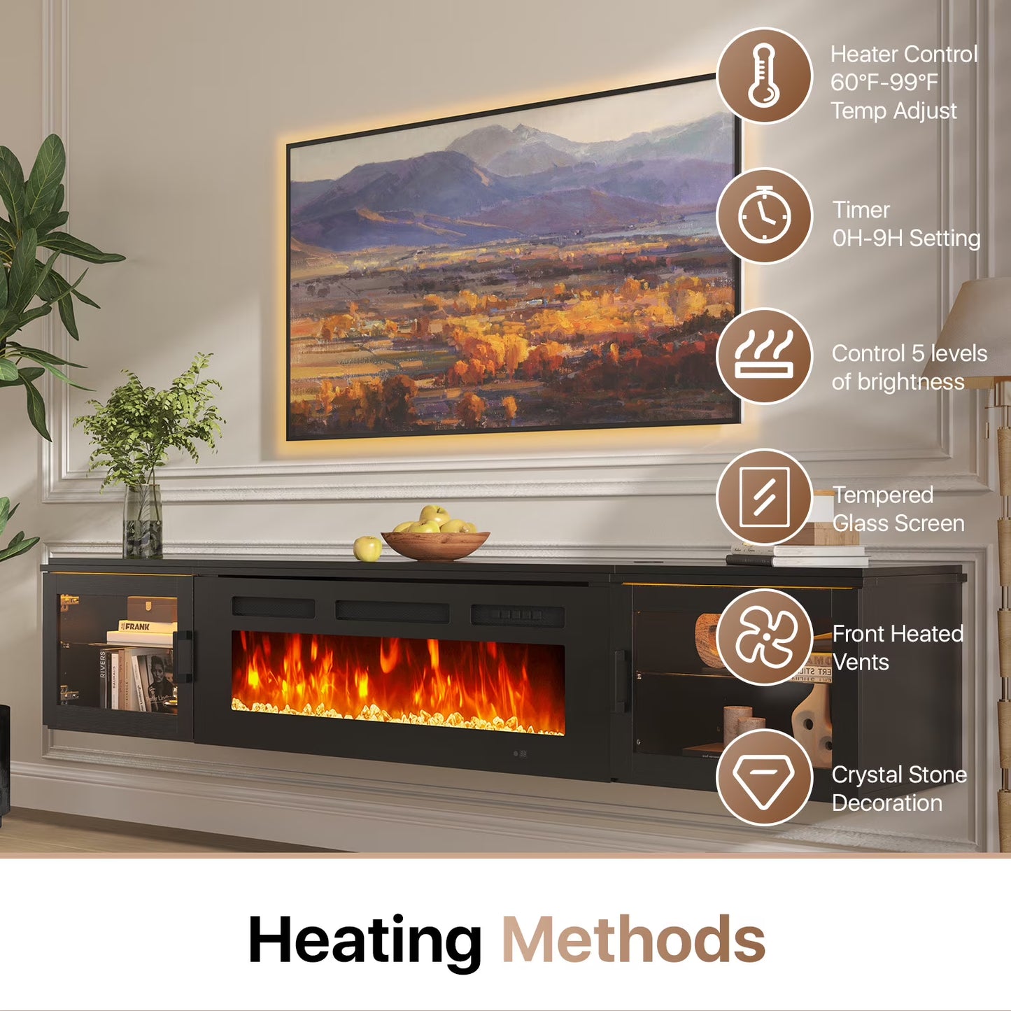 Sonegra Floating Fireplace TV Stand for TVs up 80", Wall Mounted Fireplace Entertainment Center, 70" Console Table with Electric Fireplace, Black, WI-FI Enabled