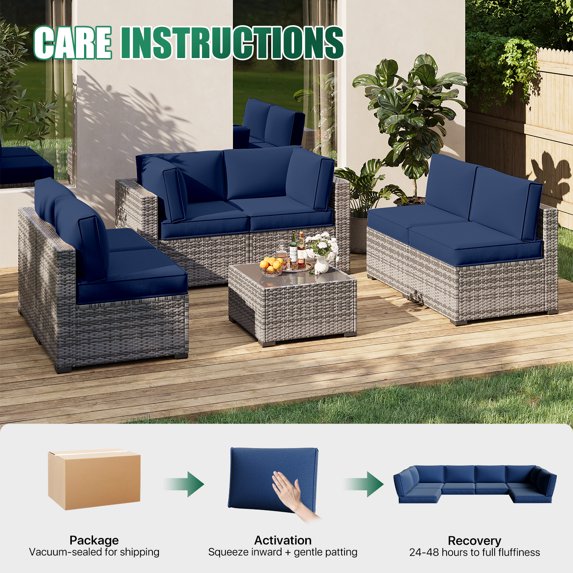 Clouddwell 14-Piece Premium Outdoor Cushion Set, High-Resilience Waterproof Cushions for 6-Seat Wicker Sectional, Comfort Upgrade (Navy Blue)