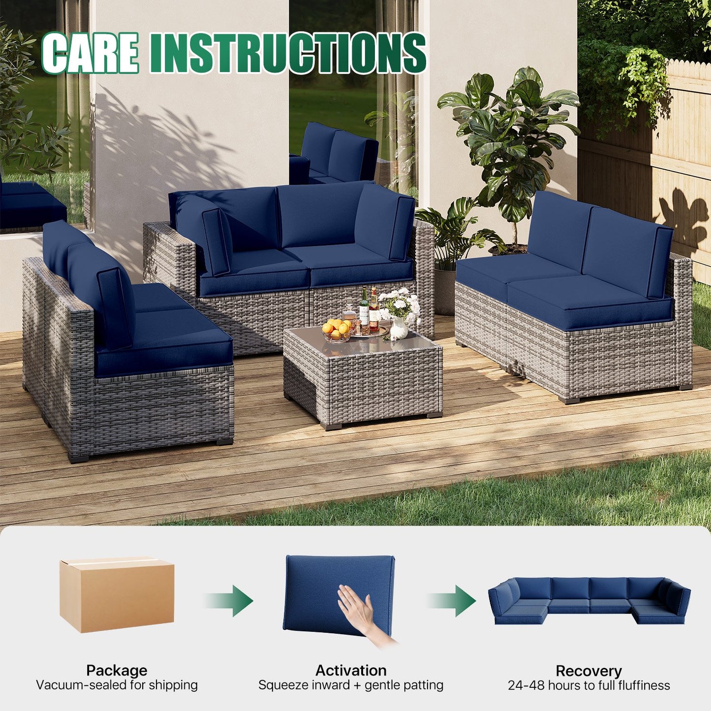 Clouddwell 14-Piece Premium Outdoor Cushion Set, High-Resilience Waterproof Cushions for 6-Seat Wicker Sectional, Comfort Upgrade (Navy Blue)