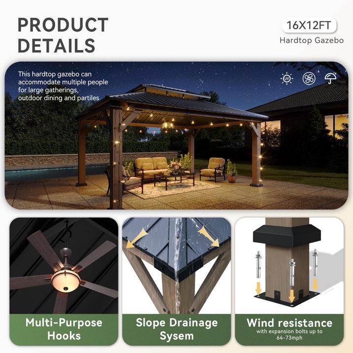 Aoxun 12' x 16' Outdoor Wood Gazebo, Hardtop Gazebo Permanent Wooden Pavilion with Galvanized Steel Double Roof, for Patio, Garden, Backyard, Cedar Wood