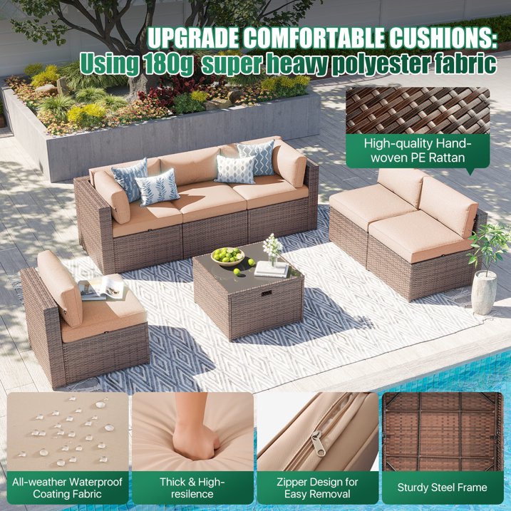 Clouddwell 7 Piece Patio Furniture Set Wicker Rattan Patio Conversation Set Outdoor Sectional Sofa Set with Coffee Table and Black Cushions(Waterproof Cover Included)