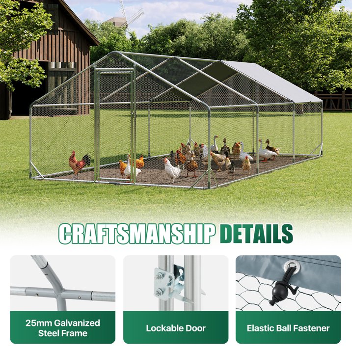 Clouddwell Large Metal Chicken Coop Duck House with Waterproof Spire Roof, Outdoor Poultry Walk-in Run Cage - 9.8' L x 19.7' W x 6.4' H