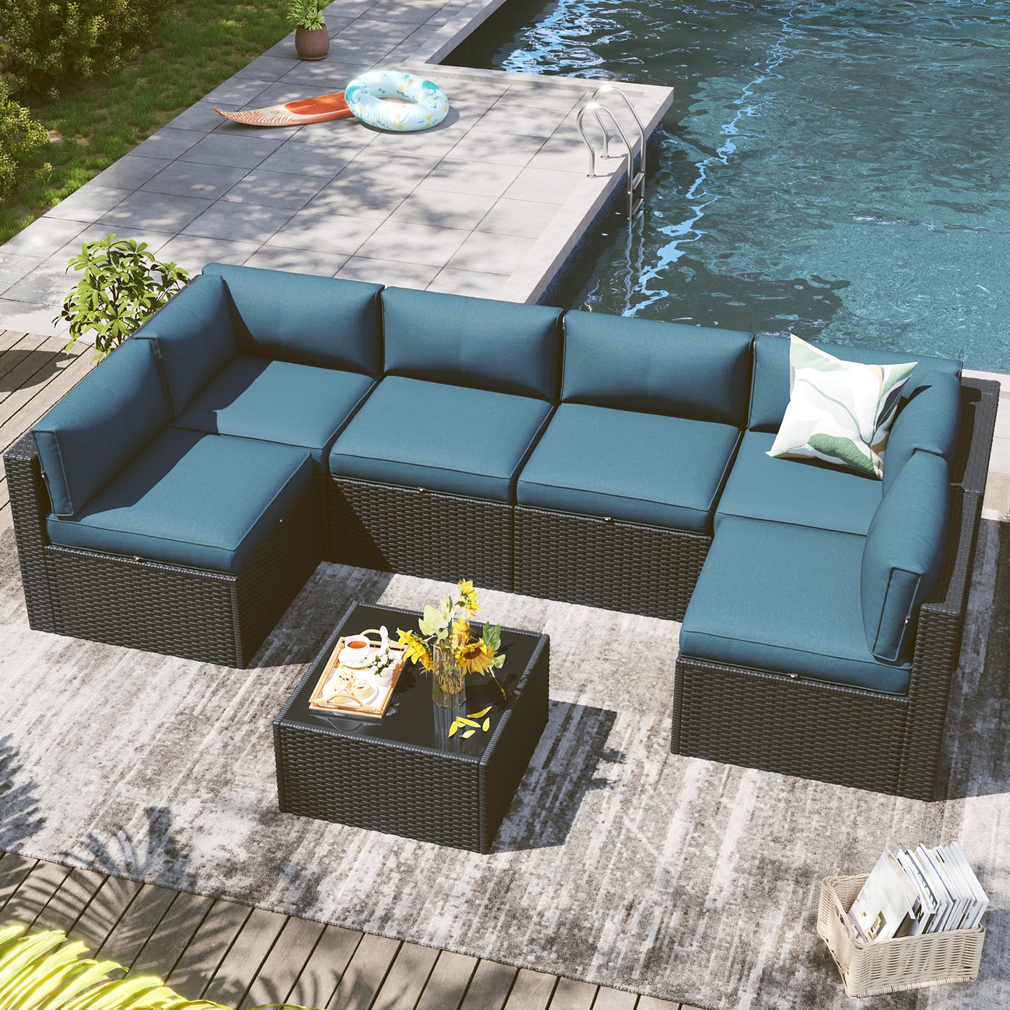 Clouddwell 7 Piece Outdoor Patio Furniture Set, Wicker Rattan Patio Sectional Sofa Set, Peacock Blue