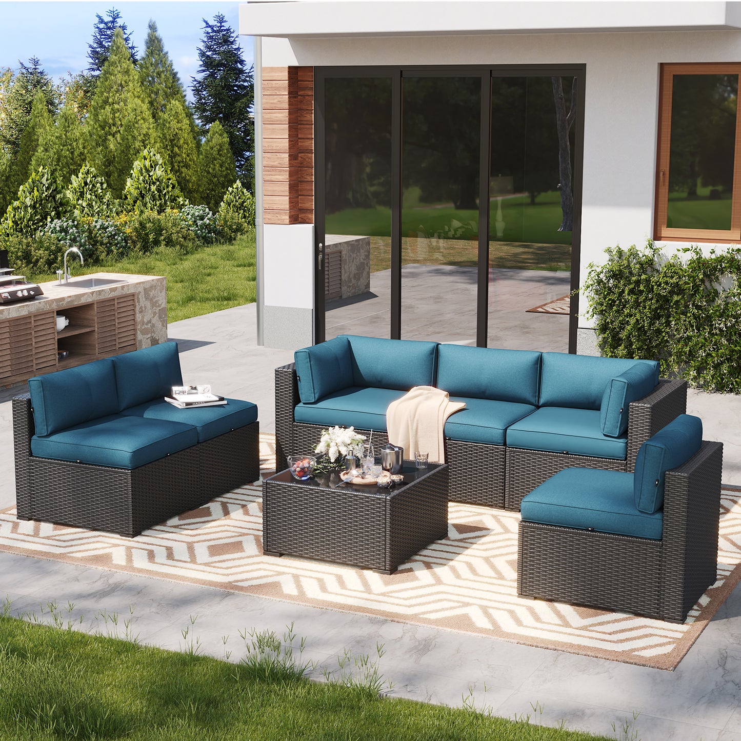 Clouddwell 7 Piece Outdoor Patio Furniture Set, Wicker Rattan Patio Sectional Sofa Set, Peacock Blue